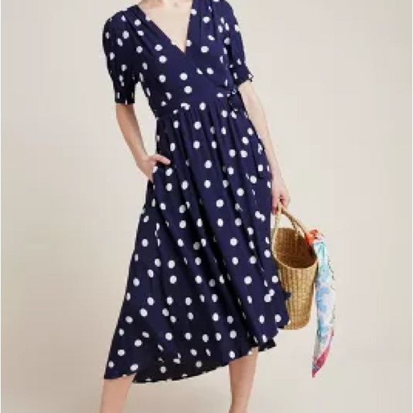 Anthropologie Maeve polka dot midi dress navy white 8 - Picture 1 of 9
